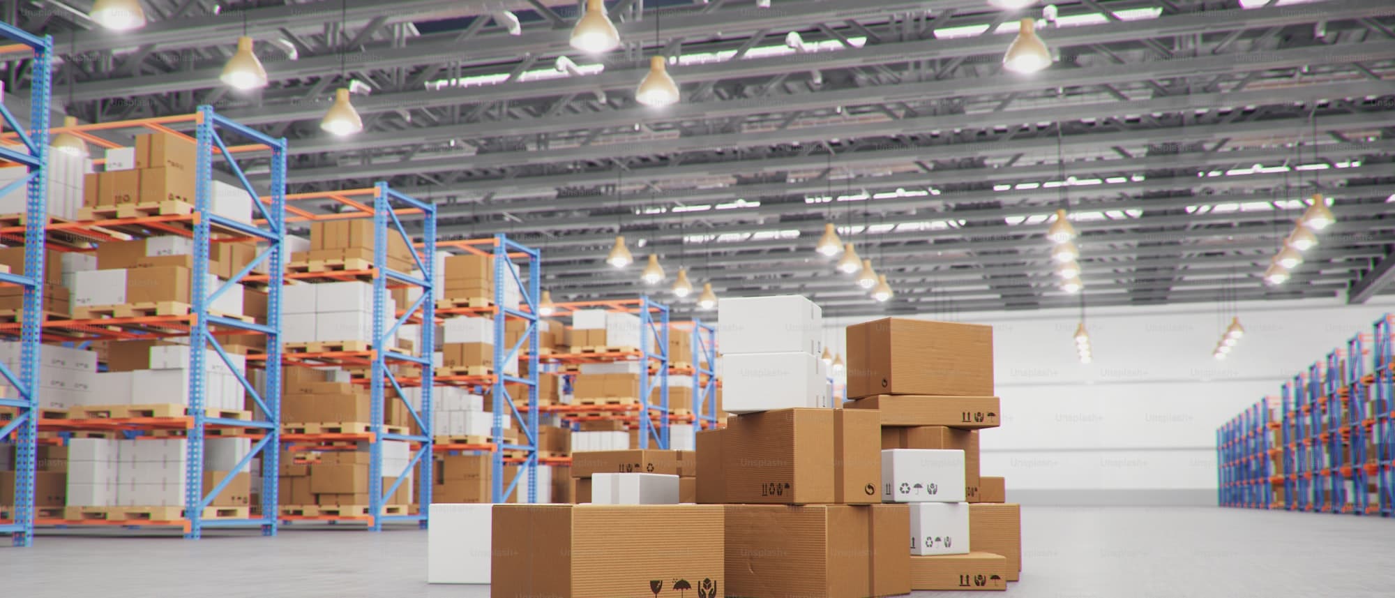 Warehouse aisles stacked with cartons